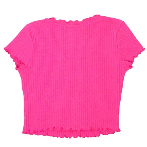 Vintage Crop Top Small, Pink V-Neck Short Sleeve Ribbed Shirt, Stretch - Picture 2 of 6